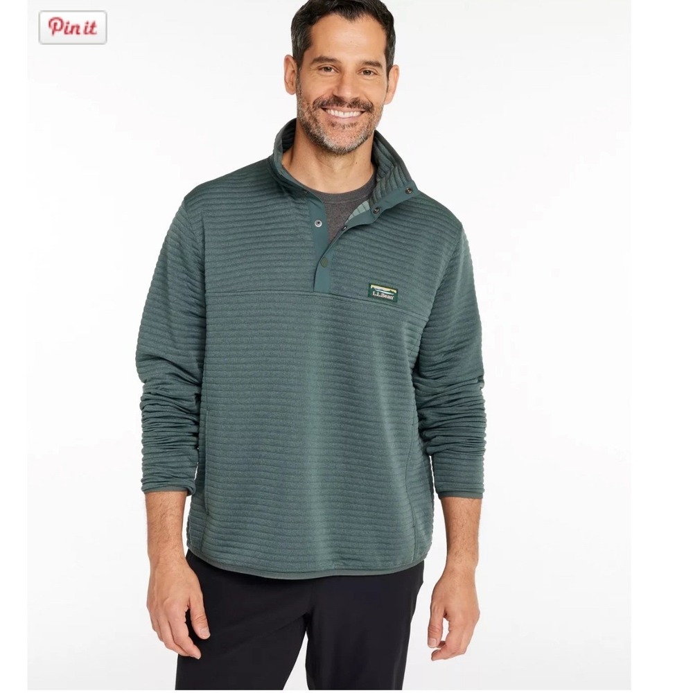 LL Bean Airlight Knit Pullover Mens L Tall Green Quilted Snap Balsam